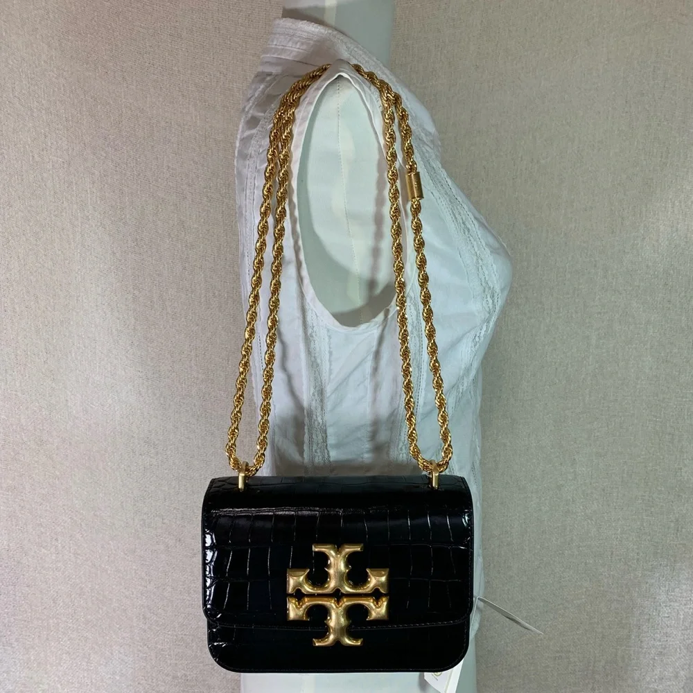 Tory Burch Black Croc-Embossed Mini Shoulder Bag with Gold Logo